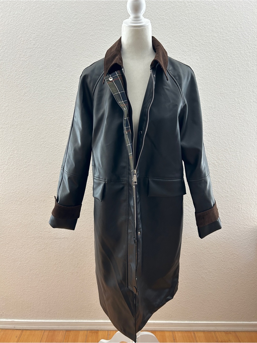 NWT Rebecca Minkoff Faux Black Leather Trench Coat with Brown Suede Trim